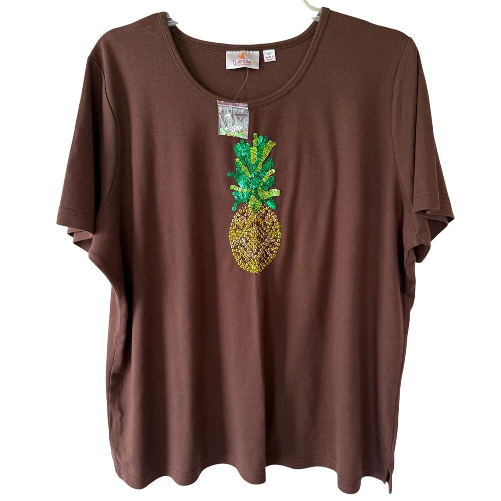 Quacker Factory Brown Size 2X Sequin Pineapple T-Shirt